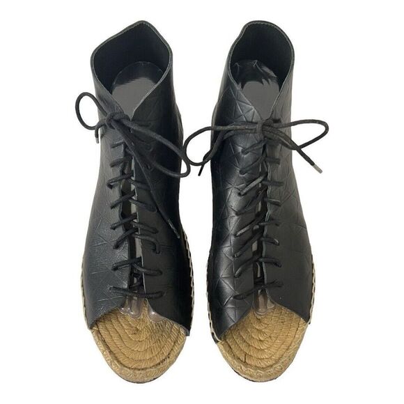 Miista Size 40 Imogen Peep Toe Black Leather Geometric Espadrilles Booties - Picture 3 of 9